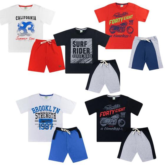 Imagem de Kit 5 conjuntos  infantil juvenil masculino verão Bermuda Moletinho e Camiseta roupa menino tamanho 10 12 14
