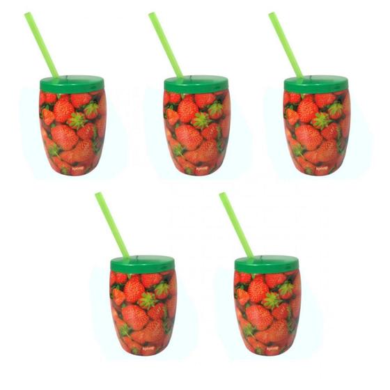 Imagem de Kit 5 Copos Fruta Morango com Canudo 650 Ml  Injetemp 