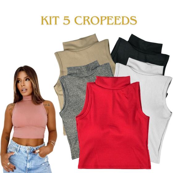 Imagem de kit 5 Cropped Feminina Gola Alta Malha Canelada Croped