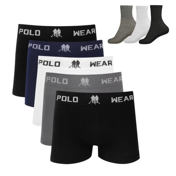 Imagem de Kit 5 Cueca Boxer Polo Wear Microfibra Sortido + 3 Meias M15