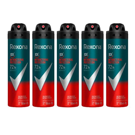 Imagem de Kit 5 Desodorante Rexona Antibacterial Protection Men Aerosol Antitranspirante 72h 150ml