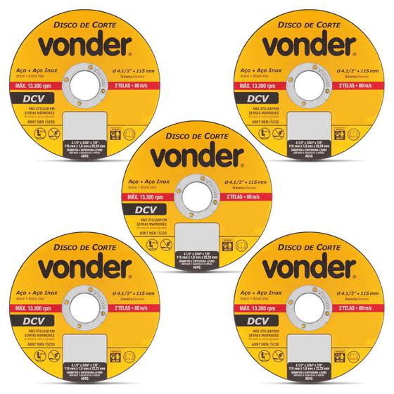 Kit 5 Discos de Corte Vonder Aço e Aço Inox 4.1/2 Polegadas 115 mm 13.300 RPM 2 Telas 80 m/s Menor preço em Kit 5 Discos de Corte Vonder Aço e Aço Inox 4.1/2 Polegadas 115 mm 13.300 RPM 2 Telas 80 m/s