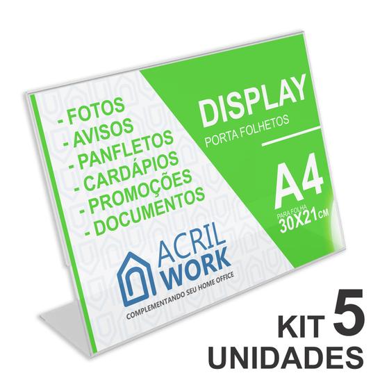 Imagem de Kit 5 Displays Acrílico Porta Folha Papel A4 L Horizontal