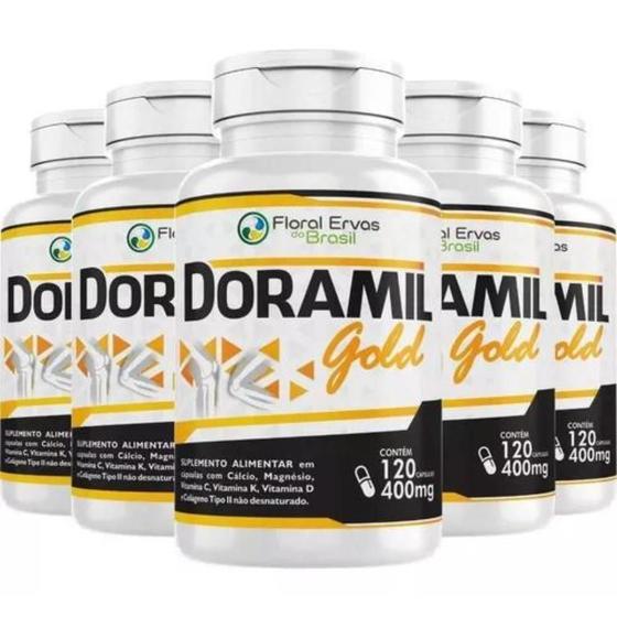 Imagem de KIT 5 Doramil Gold 120 Cápsulas cada 400mg Cálcio Magnésio + Colágeno Tipo 2 Vitaminas C K2 e D3   Floral Ervas Do Brasil 