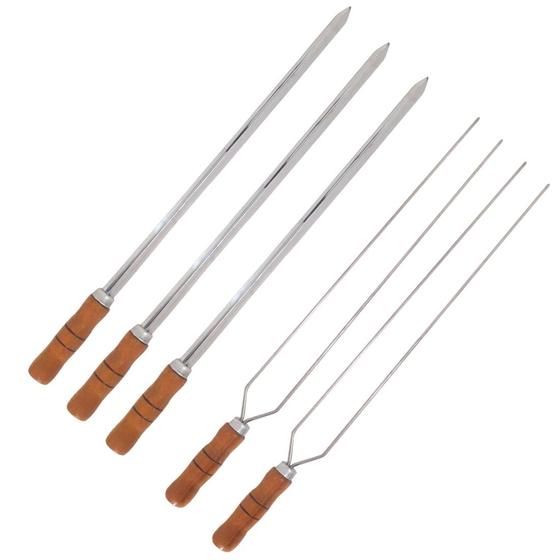 Imagem de Kit 5 Espetos Espada E Duplo Inox 40cm Com Cabo De Madeira