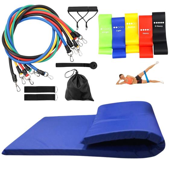 Imagem de Kit 5 Faixa Elástica + Elástico Extensor + Colchonete Treino Ginastica Pilates E Fisioterapia
