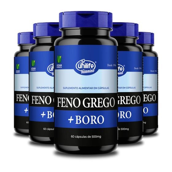 Kit 5 Feno Grego + Boro B Unilife 60 Cápsulas 500mg Vegano Menor preço em Kit 5 Feno Grego + Boro B Unilife 60 Cápsulas 500mg Vegano