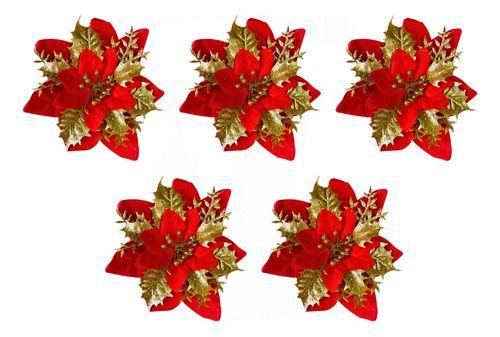 Imagem de Kit 5 Flor Pick Artificial Decoração De Natal Dourada Brilho