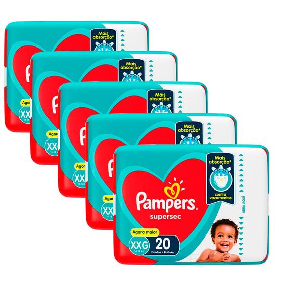 Imagem de Kit 5 Fraldas Pampers Supersec Pacotão XXG - 100 Tiras