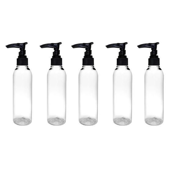 Imagem de Kit 5 Frascos Tampa Válvula Pump 100ml Cilíndricos Viagem Sabonete Liquido Skincare Shampoo