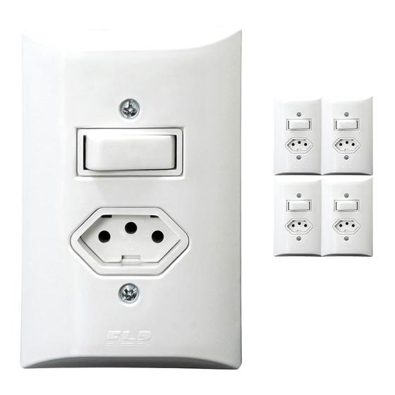 Imagem de Kit 5 Interruptor Simples 1 Tecla + Tomada 2p+t 20A Com Espelho Branco Bivolt 127v e 250v
