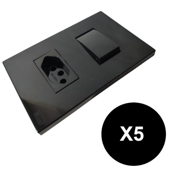 Imagem de Kit 5 Interruptor Simples com Tomada 20A Blux Recta Gloss Preto
