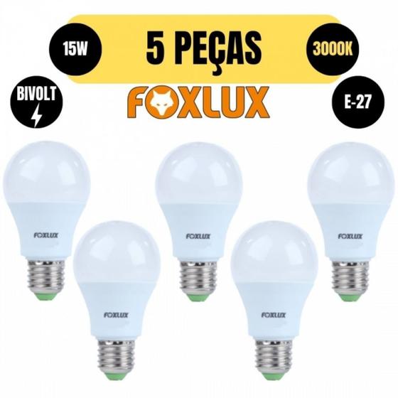 Imagem de Kit 5 lampada led bulbo a60 15w e27 3000k amarela bivolt foxlux