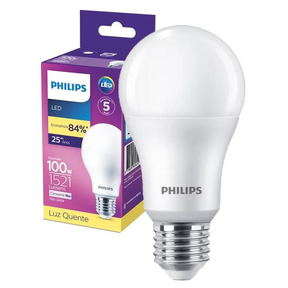 Imagem de Kit 5 Lampada Led Bulbo Philips 16w Branco Quente 3000K E27