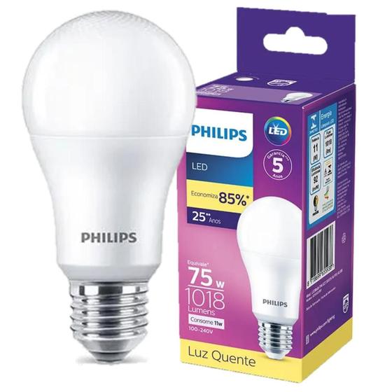 Imagem de Kit 5 Lampada Led Philips 11w Bivolt Luz Amarela 3000k Base E27