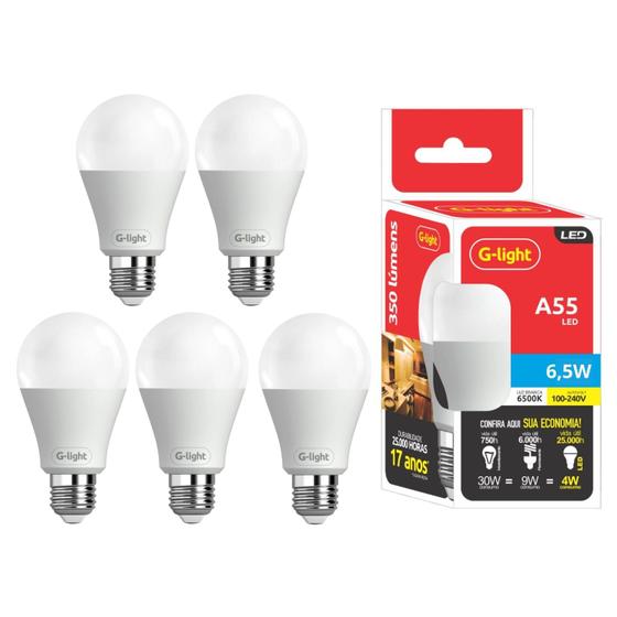 Kit 5 Lâmpadas Formato Bulbo Led Para Iluminação Geral Confortável Aos Olhos 6,5w 565 Lumens Branco Frio - G-Light Imagem de Kit 5 Lâmpadas Formato Bulbo Led Para Iluminação Geral Confortável Aos Olhos 6,5w 565 Lumens Branco Frio