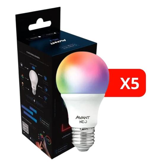 Imagem de Kit 5 Lâmpadas Inteligente Pera E27 Neo Led Avant 10W Branca/RGB - Wifi