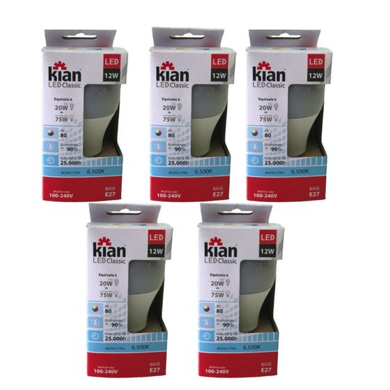 Imagem de Kit 5 Lâmpadas Led Bulbo 12w Branca 6500k Economica Bivolt