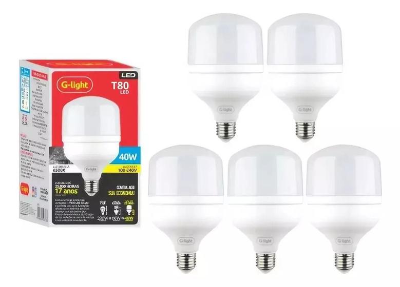 Imagem de Kit 5 Lâmpadas LED T80 40w 6500k Branco Frio Alta Potência - G-light 