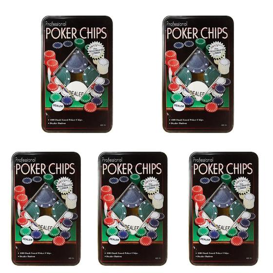 Imagem de Kit 5 Latas Poker Chips Com 100 Fichas + 1 Ficha Dealer Cada