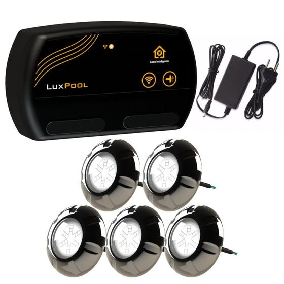 Imagem de Kit 5 LED RGB 9W Inox Piscina + Comando Wifi Luxpool + Fonte