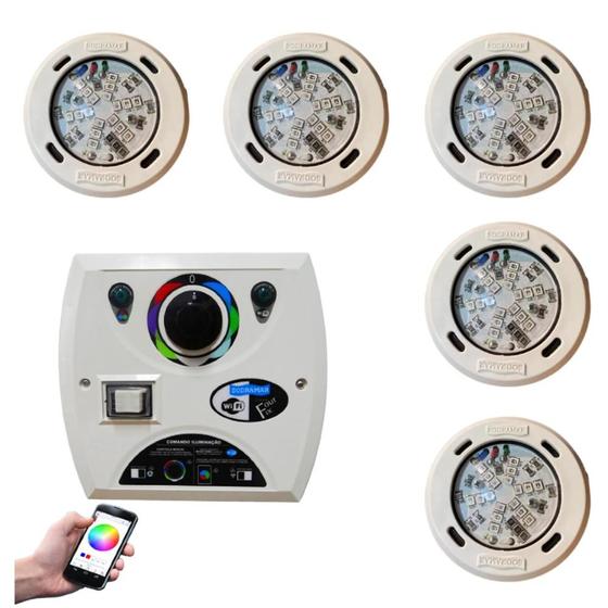 Imagem de Kit 5 Leds Eco 9W Rgb Sodramar Com Comando Wifi