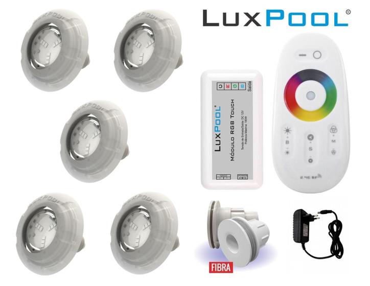 Kit 5 Leds Rgb Piscina Com Controle + Fonte + Nicho Fibra LuxPool