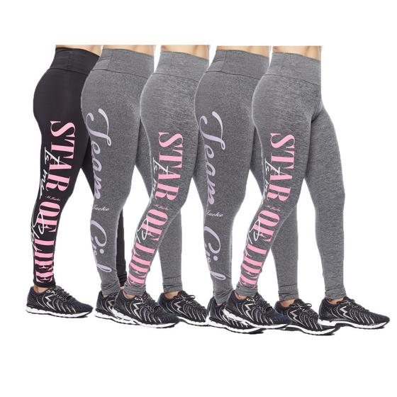 Imagem de Kit 5 legging adulto feminina fitness academia cós alto escrita lateral básica