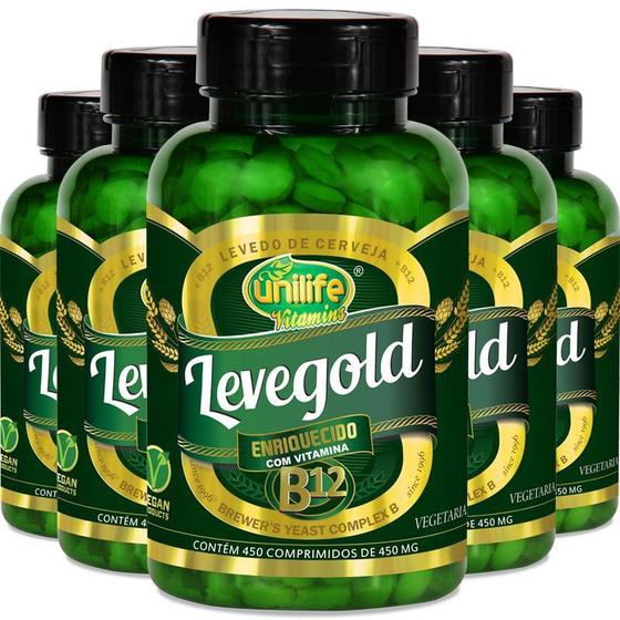 Imagem de Kit 5 Levegold levedo cerveja com vitamina B12 Unilife