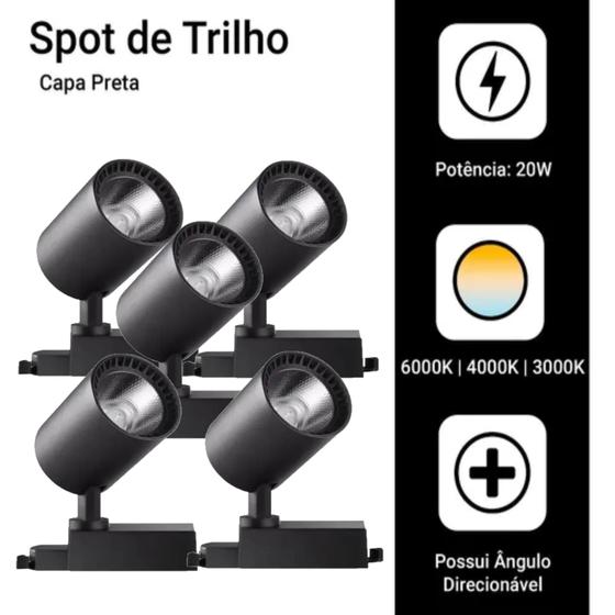 Imagem de Kit 5 Luminária Preto Trilho Spot Led 20W 3500K Branco Quente