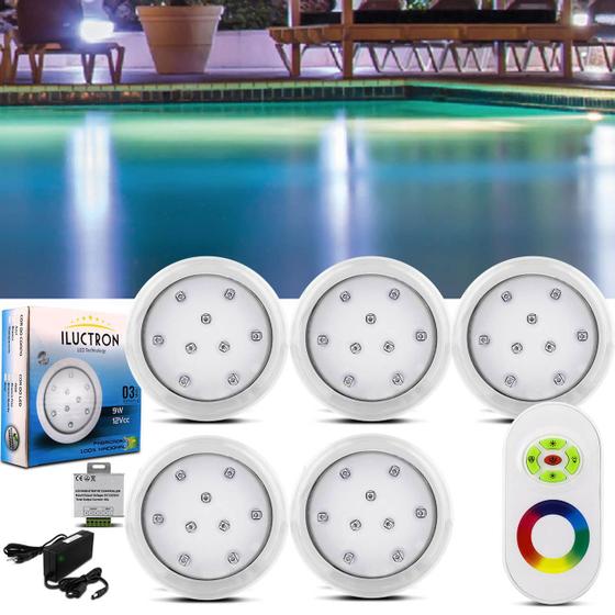 Kit 5 Luminárias Led Piscina RGB 80mm 45W 4950 Lúmens 12V Branco + Controle Wireless e Fonte 60W 5A Menor preço em Kit 5 Luminárias Led Piscina RGB 80mm 45W 4950 Lúmens 12V Branco + Controle Wireless e Fonte 60W 5A
