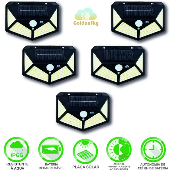 Kit 5 Luminárias Solar Parede 100led Sensor Presença 3 Funções Golden