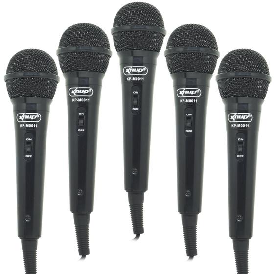 Imagem de Kit 5 Microfones Dinâmico c/ Fio P10 P2 Cabo 2,8 Metros Karaokê e Caixa de Som Knup KP-M0011 Preto