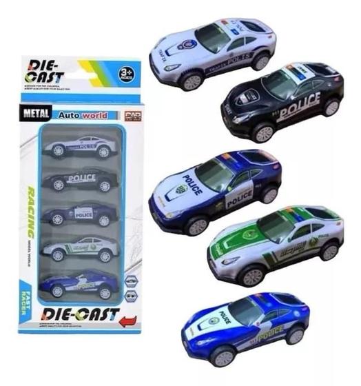 Imagem de Kit 5 Miniaturas Carrinhos Corrida Polícia Fricção Diecast