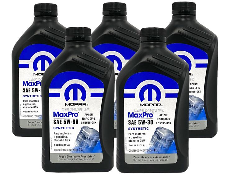 Kit 5 Óleo MOPAR MaxPro 5w30 Sintético Para Motores Gasolina, Etanol e ...