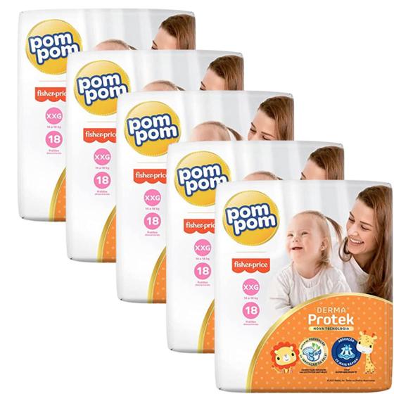 Imagem de Kit 5 pacotes de fraldas descartável infantil pom pom derma protek