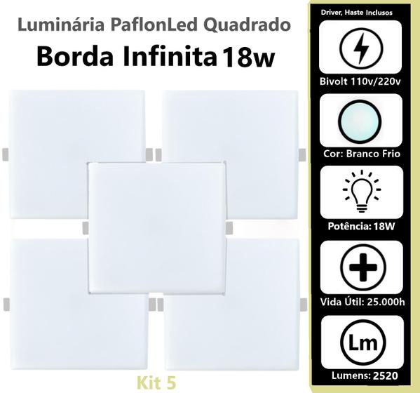 Kit 5 Paflonled Plafon Led Borda Infinita Luminária Luz 18w Menor preço em Kit 5 Paflonled Plafon Led Borda Infinita Luminária Luz 18w