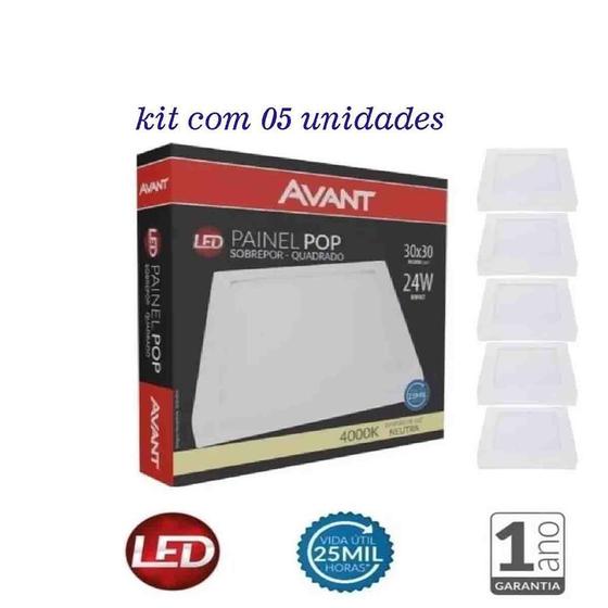 Imagem de Kit 5 Paineis Paflon Led Sobrepor 30X30 Quadrado 24W 1Linha