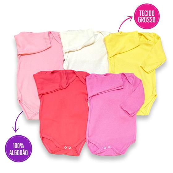 Imagem de Kit 5 Pcs Body Bebe Atacado Menina Manga Longa Liso Revenda