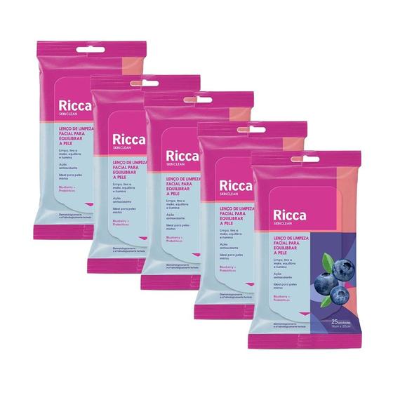 Imagem de Kit 5 pct Lenços de Limpeza Facial Antioxidante Pele Mista Blueberry e Probióticos Ricca 25und