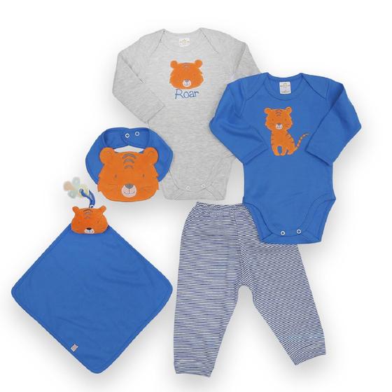 Imagem de Kit 5 peças body, calça, babador e cheirinho Best Club Baby azul e cinza claro com bordado tigre