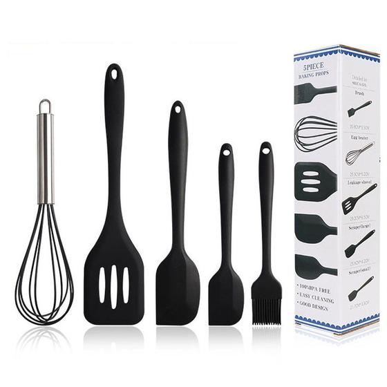 Imagem de Kit 5 Peças Jogo De Utensílios Cozinha Em Silicone Servir Colher Concha Fouet Espátula