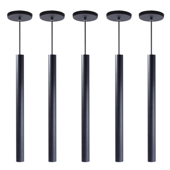 Imagem de Kit 5 Pendente Luminária Tubo Preto 50 Cm + Lâmpada LED Branco Quente