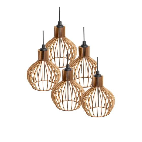 Imagem de Kit 5 Pendente Lustre Luminoso Teto Turin Mdf E27-21X18Cm