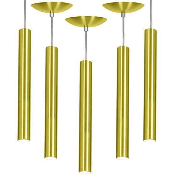 Imagem de Kit 5 Pendente Tubo Cilindro Alumínio Dourado 40Cm + Led 6k