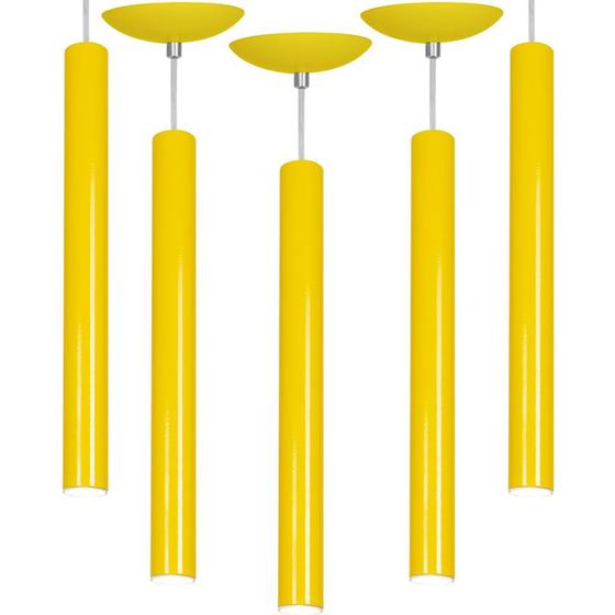 Imagem de Kit 5 Pendente Tubo Cilindro Amarelo 50Cm + Led 6k