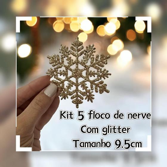 Imagem de Kit 5 Pendentes De Natal Floco De Neve Com Glitter 9,5cm