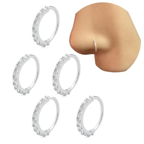 Imagem de Kit 5 Piercing Argola Cravejada Nariz 7mm Prata 925