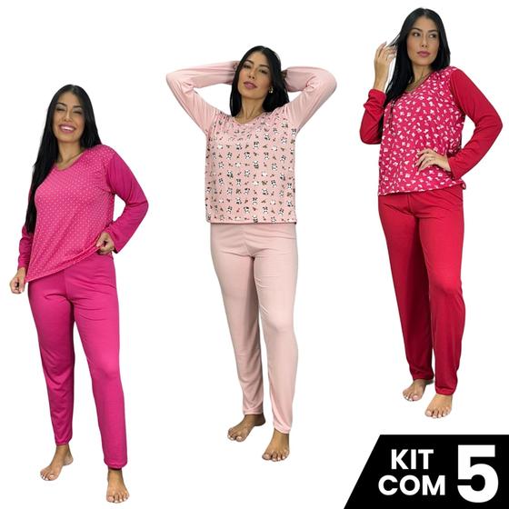 Imagem de Kit 5 Pijamas Blusa Manga Comprida Estampada e Calça Lisa Confortável Frio Inverno