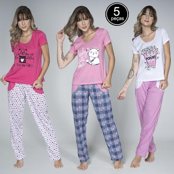 Imagem de Kit 5 Pijamas Feminino Calça Longa Estampada Blusa Manga Curta